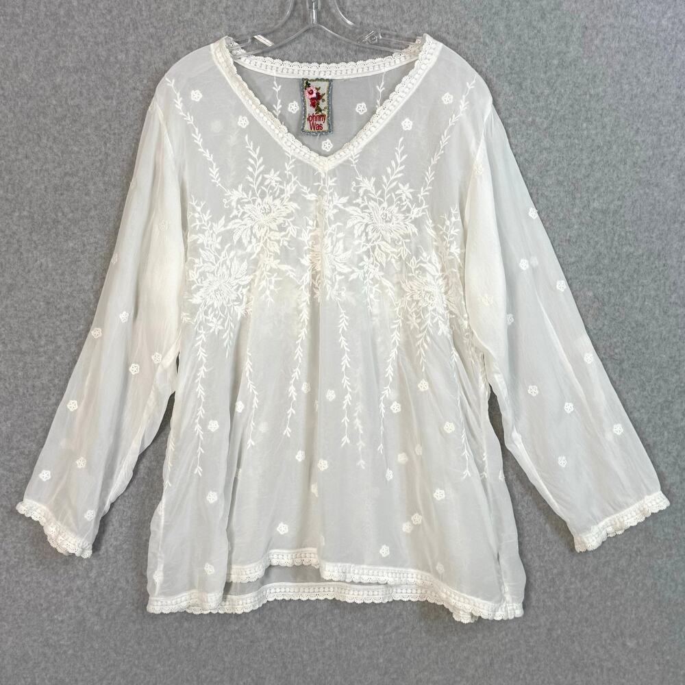 Johnny Was Vine Blossom Embroidered Blouse Size L Roll Tab Boho Clean Girl